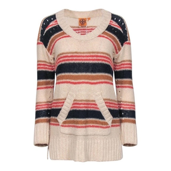 Tory Burch Linen Blend Cream, Red and Black Striped Knit Sweater Size Small - Picture 1 of 8